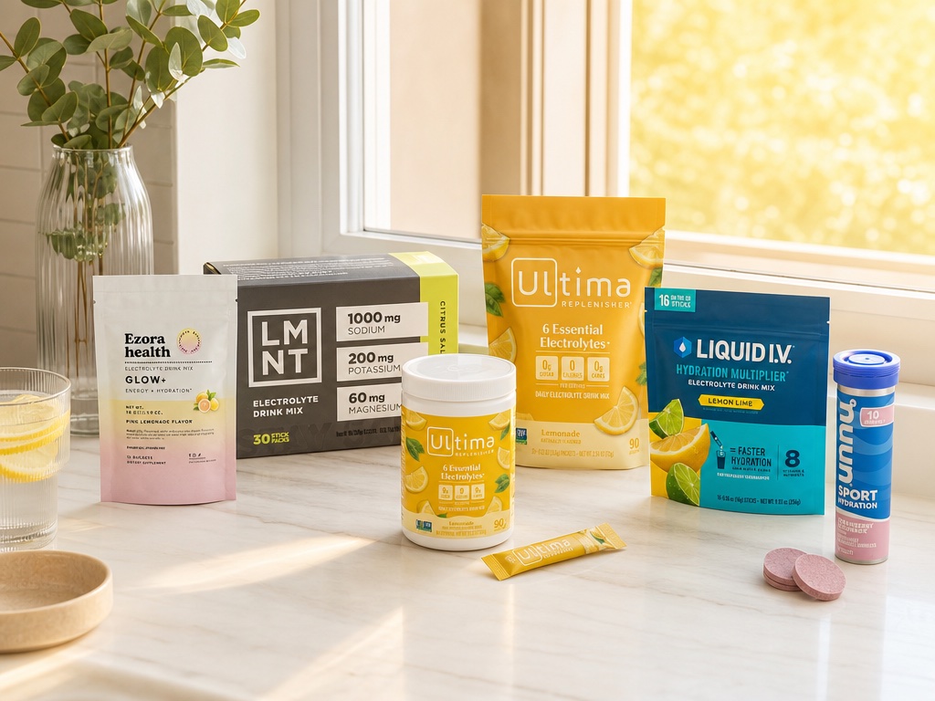 Ezora health Glow+, LMNT, Ultima, Liquid I.V. and Nuun electrolyte products grouped on a bright kitchen windowsill with eucalyptus and a glass of lemon water in warm morning light.