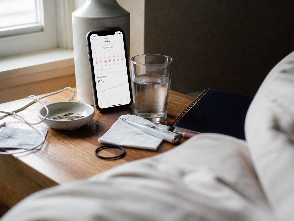 A smartphone propped on a nightstand displaying a cycle-tracking app's calendar and temperature graph, next to a glass of water, a basal thermometer, and a notebook