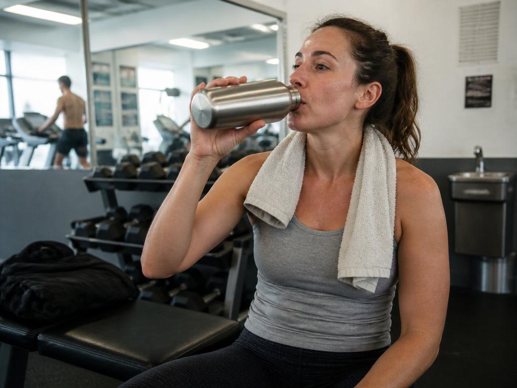 A lightly sweaty woman on a gym bench drinking from a stainless steel water bottle after a short workout, a towel around her neck