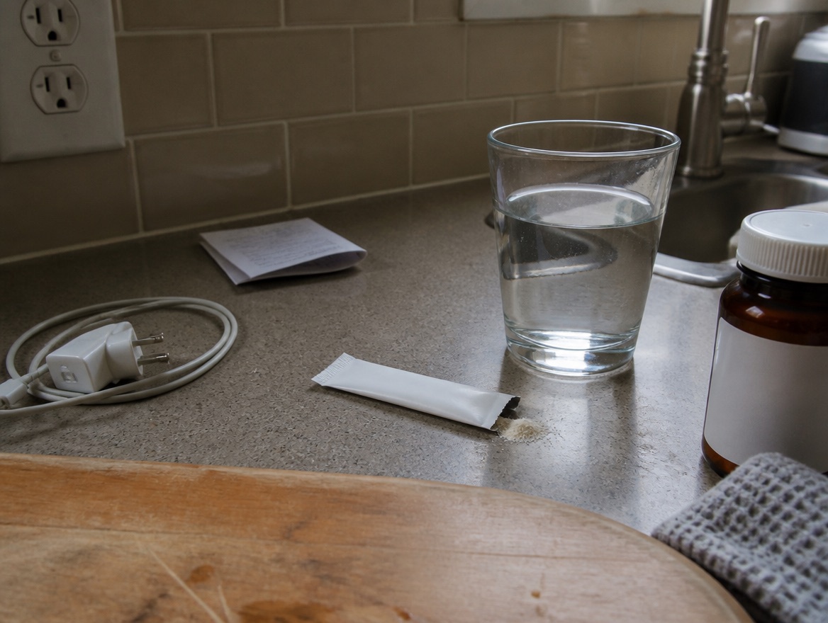 A torn-open white stick pack spilling a small dusting of powder on a kitchen counter beside a clear glass of water and an unbranded amber supplement bottle with a blank white label.