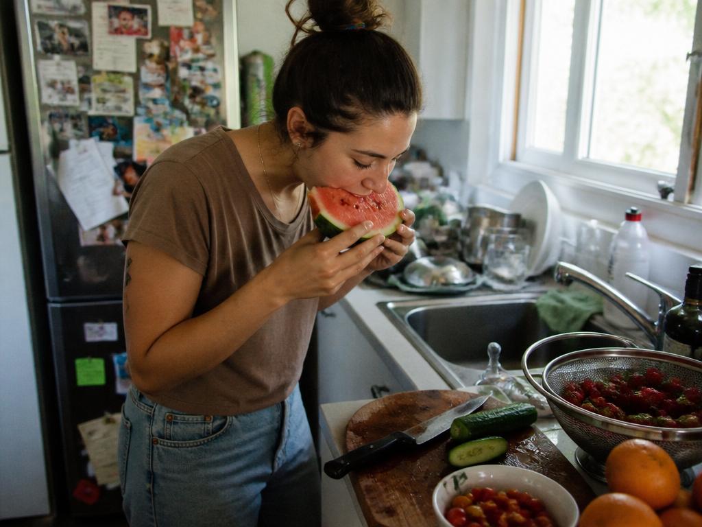 A woman biting into a thick slice of watermelon over the sink, chopped cucumber, tomatoes and strawberries on the counter beside her