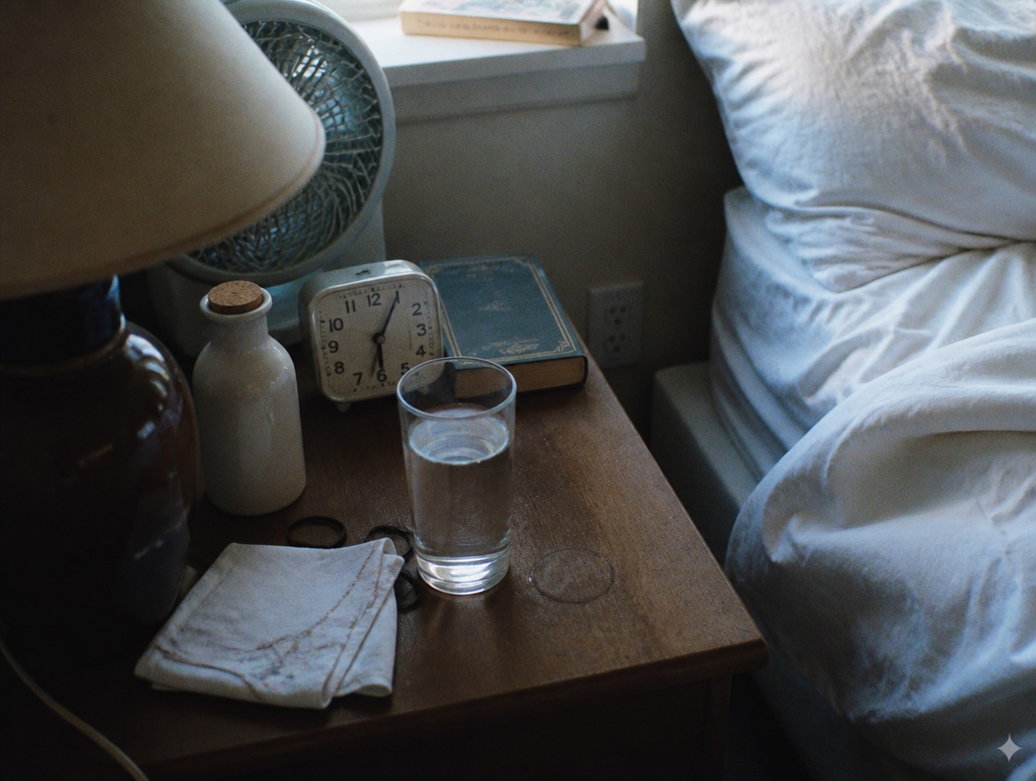 A wooden bedside table in early morning light with a glass of water, a small ceramic carafe with a cork stopper, a folded cotton handkerchief, an oscillating bedside fan, an analog alarm clock just before six, a hardcover book, and a couple of hair ties; a rumpled white pillow and duvet sit on the bed beside the table, with a lamp shade occluding the foreground.