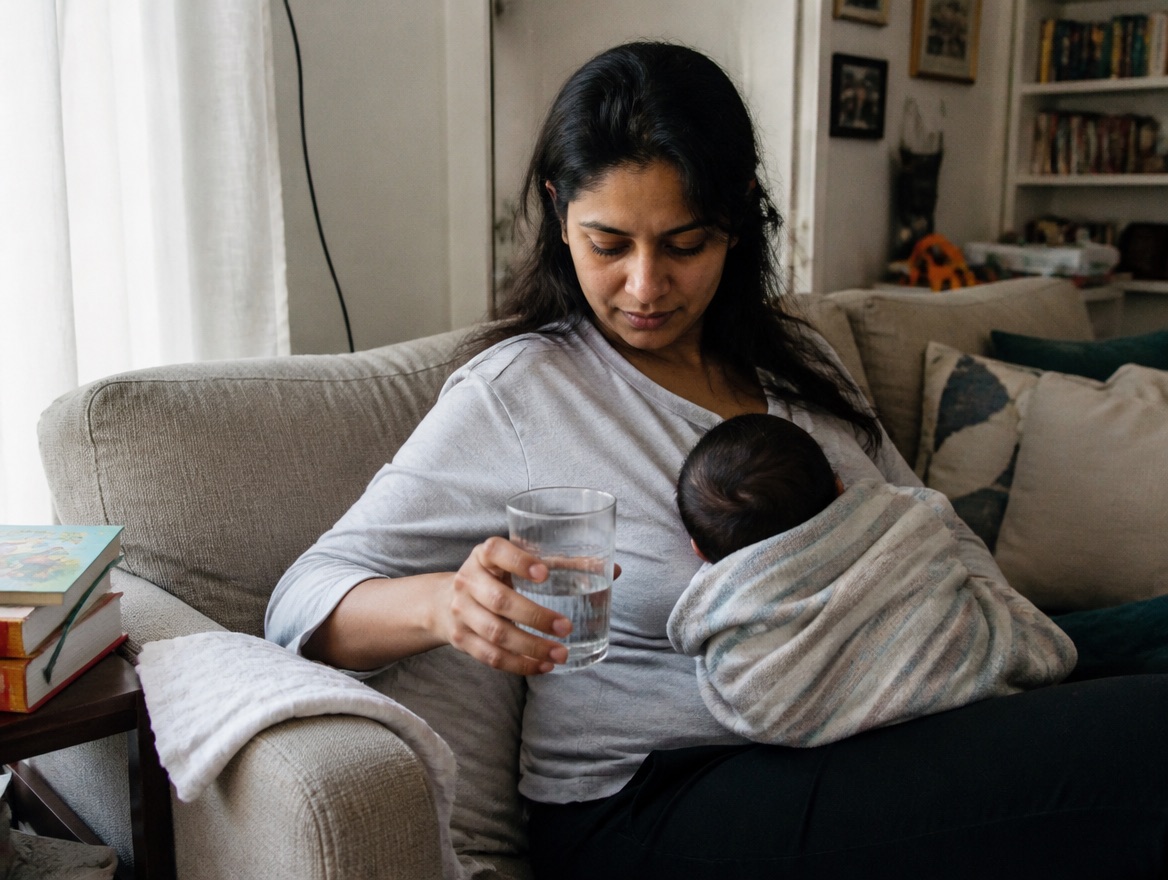 A South Asian woman with long dark hair sits on a beige couch in a lived-in living room with bookshelves behind her, looking down at a swaddled baby resting against her chest while she holds a clear glass tumbler of water in front of her.