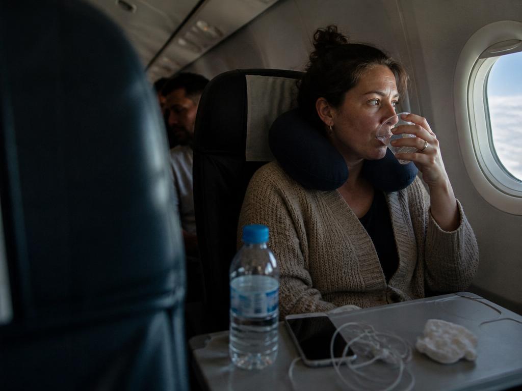 A woman in a cramped economy airplane seat sipping water from a small plastic cup, looking out the window at the clouds, a travel pillow around her neck