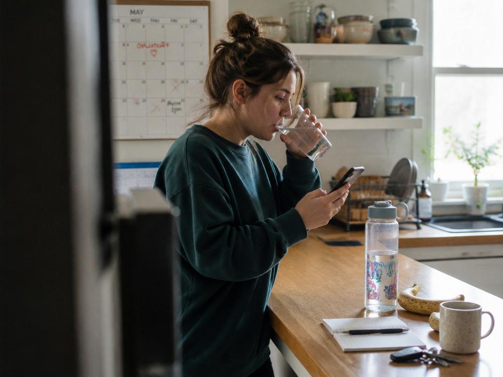 A woman leaning against a sunlit kitchen counter sipping a tall glass of water while checking a cycle-tracking app on her phone