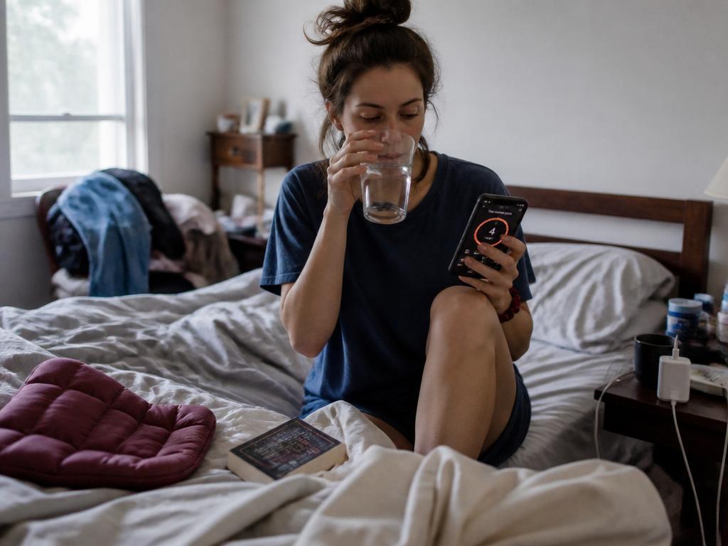 A woman sitting on a rumpled bed in the morning drinking a glass of water while looking at a period-tracking app on her phone