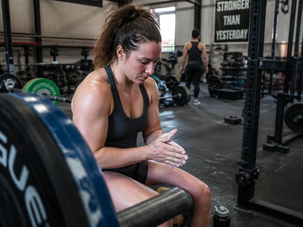 A muscular woman at a weight rack in a gritty gym chalking her hands before a barbell lift, a water bottle on the floor by her feet