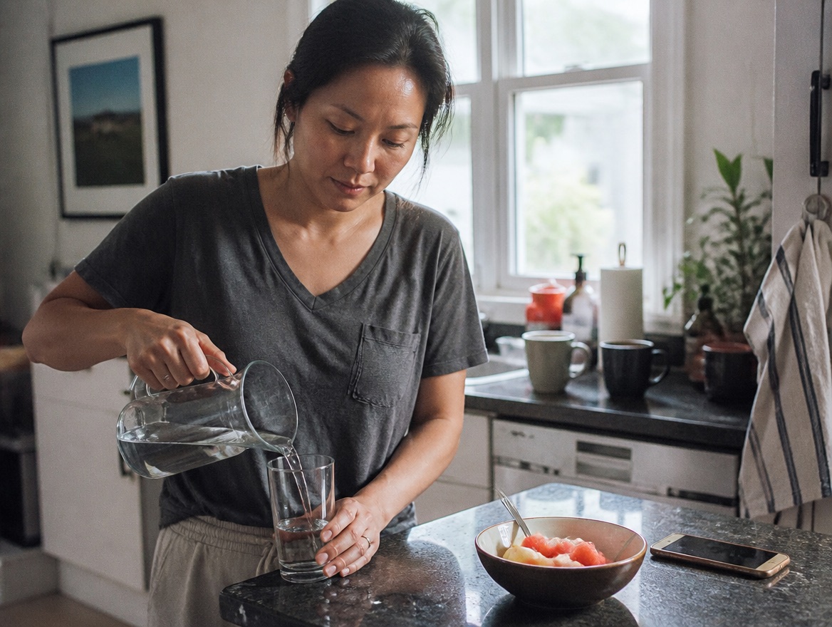 A woman in her mid-thirties stands at a sunlit kitchen counter pouring water from a glass jug into a tall glass, a half-eaten bowl of fruit and a phone on the counter beside her