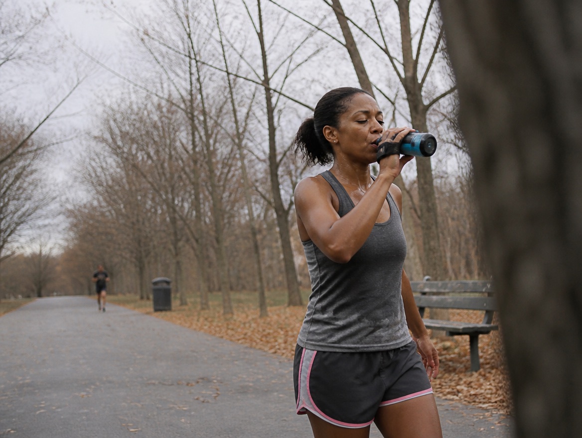 A sweaty woman in her forties drinking from a handheld water bottle while walking along a tree-lined park path during a long training run