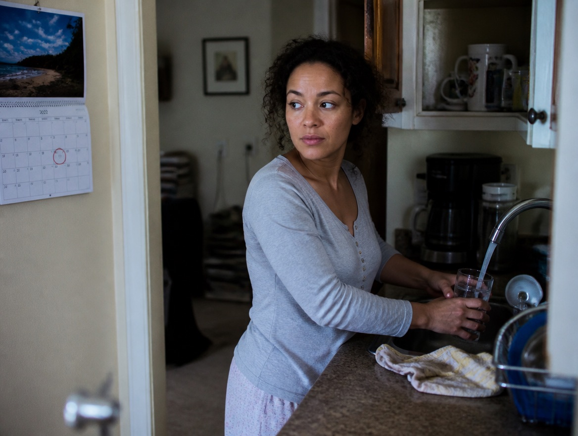 A woman with curly dark hair filling a glass of water at her kitchen sink in the morning, glancing toward a wall calendar with a date circled in red