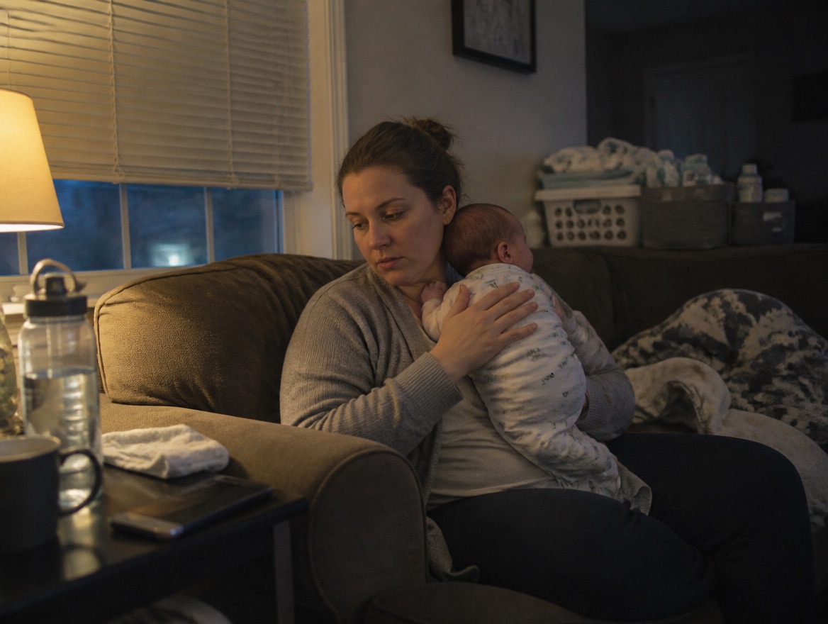 A tired new mother on a living room couch at evening holding her newborn against her shoulder, with a water bottle and a mug on the side table beside her