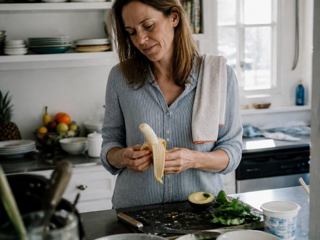 A woman in a lived-in kitchen peeling a banana over a counter holding a half-chopped avocado, spinach and yogurt